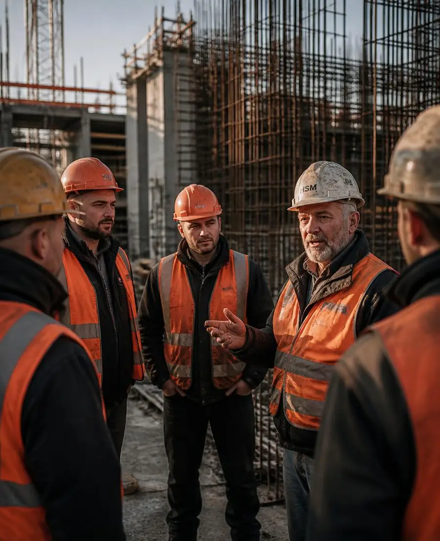 Eisenflechter von SevimStahlbau besprechen die Bewehrung auf einer Baustelle